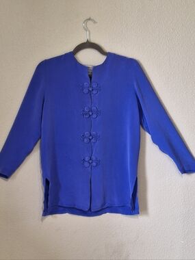 Adrianna Papell Petite Silk Blouse 10P Purple Minimalist Mandarin Frog Closure